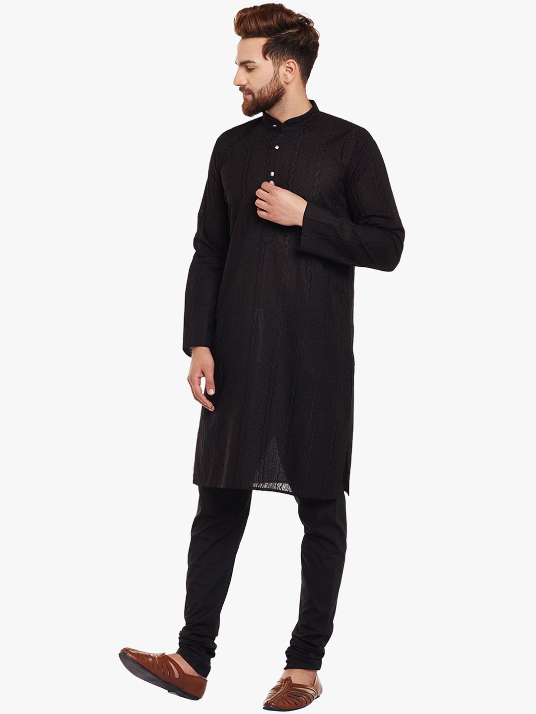 SOJANYA Lelaki Kurta Lurus Sulam Hitam