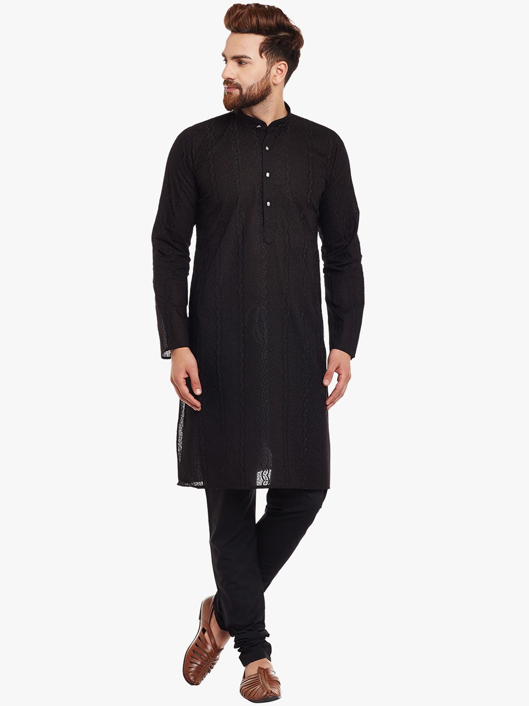 SOJANYA Lelaki Kurta Lurus Sulam Hitam