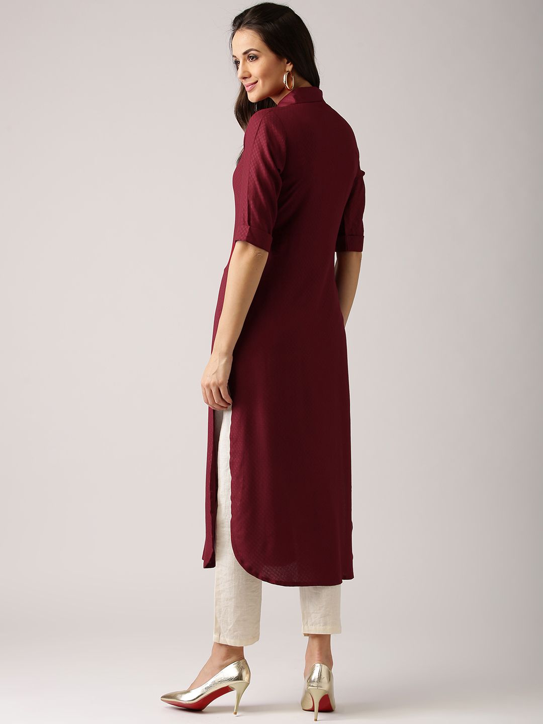 Libas Women Maroon Woven Design Pathani Kurta