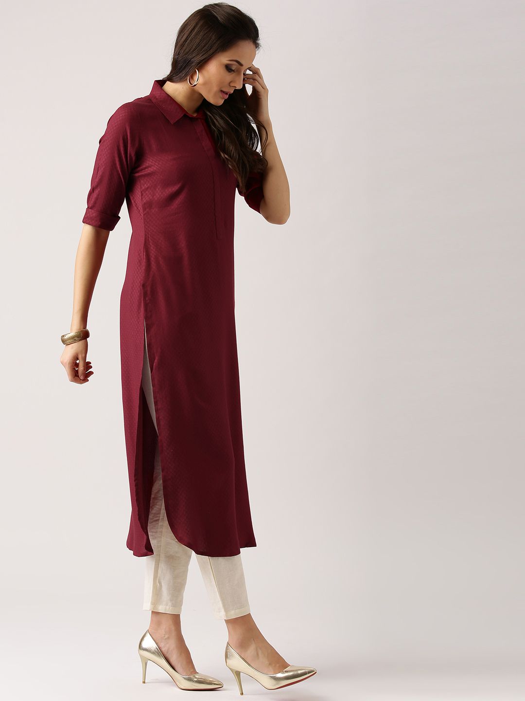Libas Women Maroon Woven Design Pathani Kurta