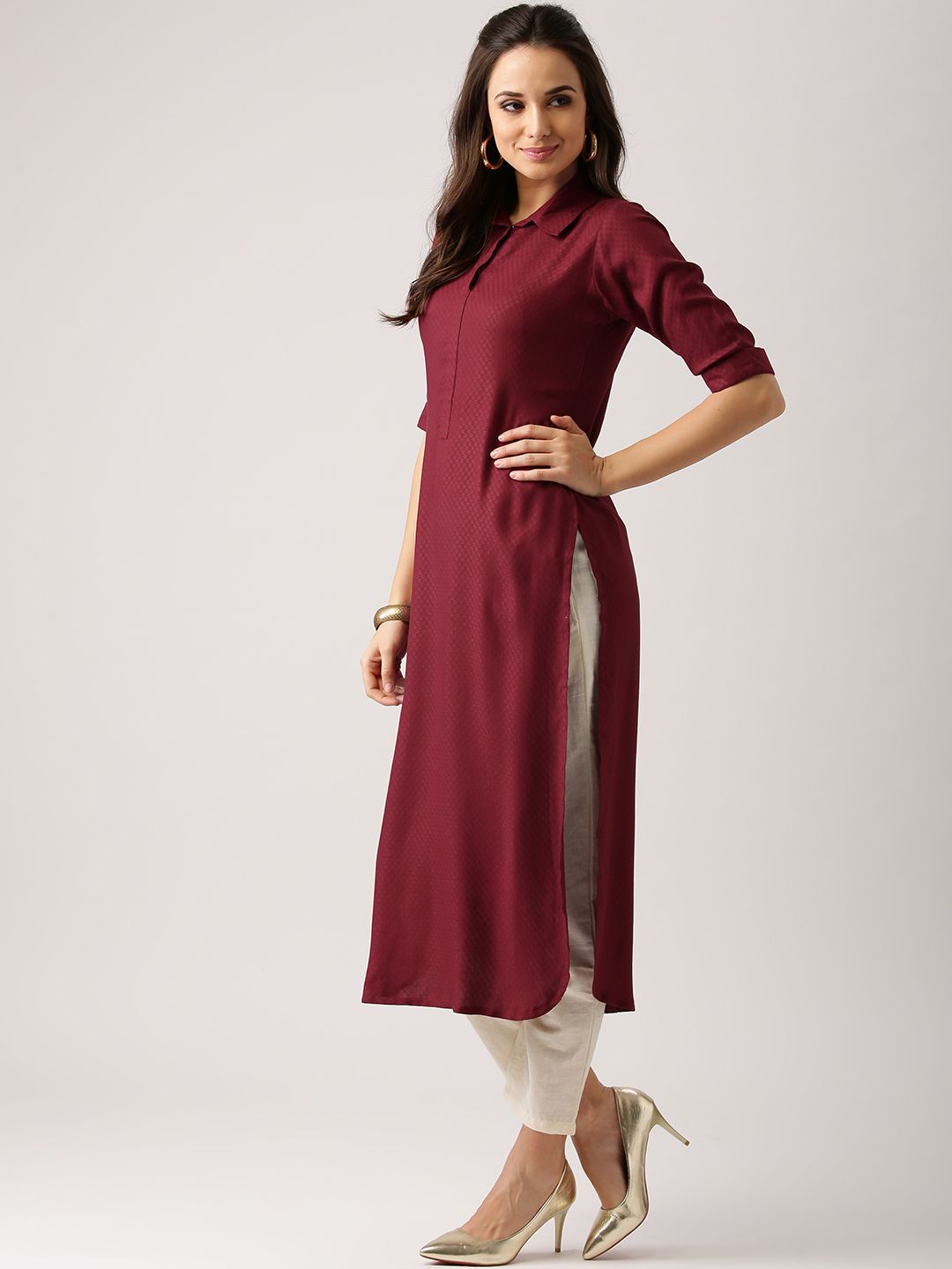 Libas Women Maroon Woven Design Pathani Kurta