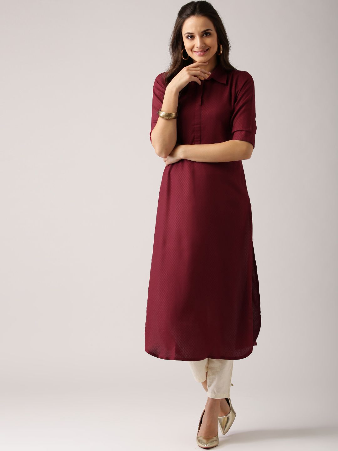 Libas Women Maroon Woven Design Pathani Kurta