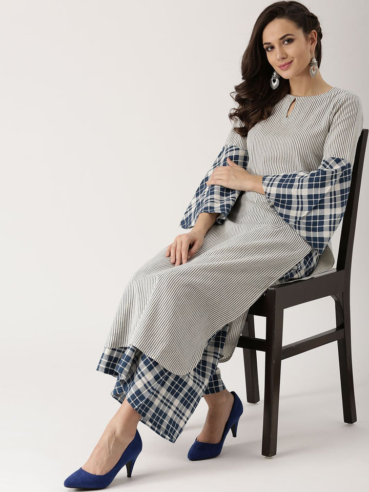 Libas Women Blue & Off-White Printed Kurta with Palazzos