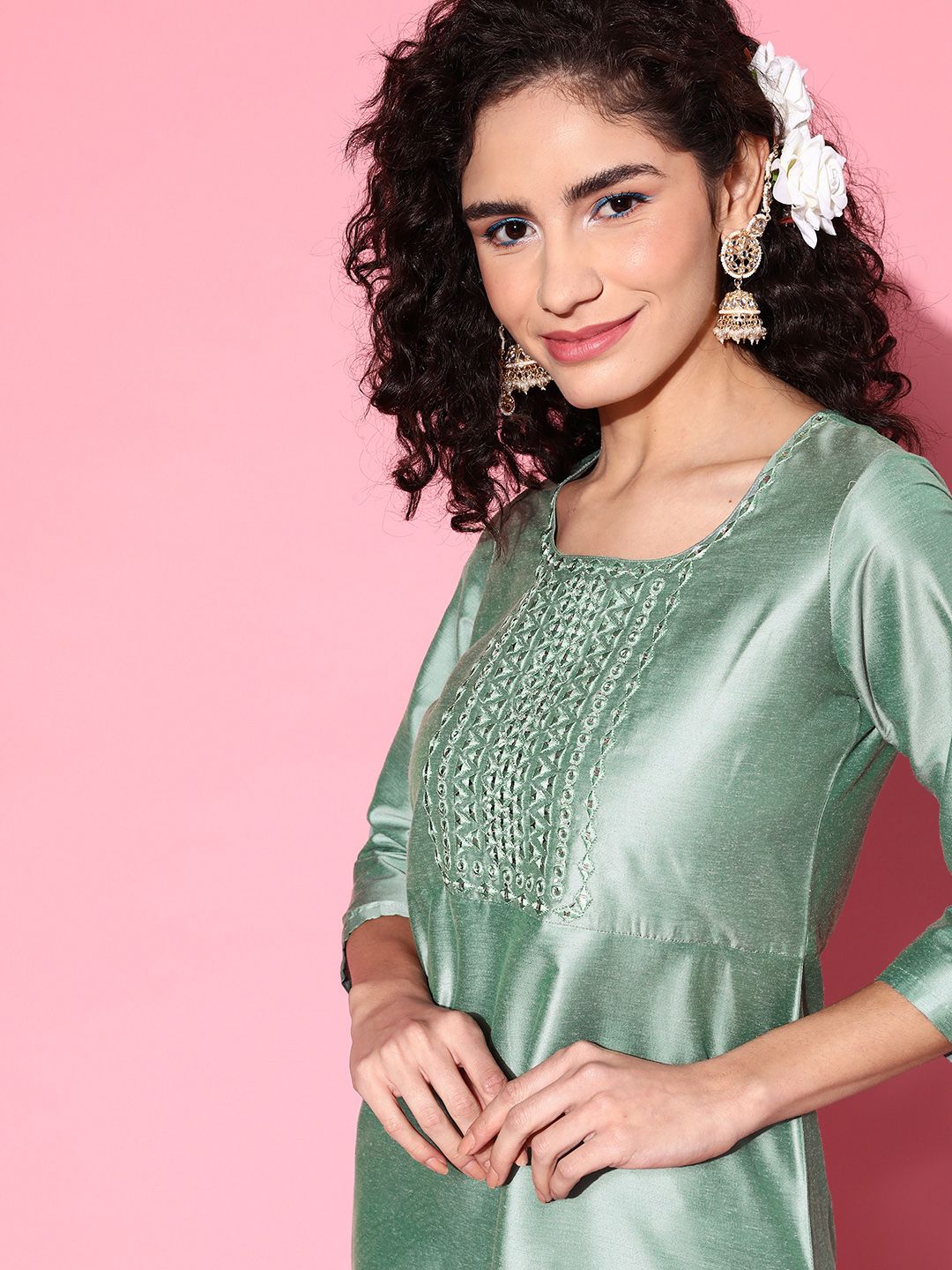 Shae by SASSAFRAS Women Sea Green Embroidered Mirror Work Kurta with Trousers