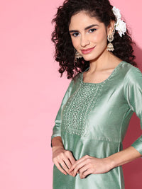 Shae by SASSAFRAS Women Sea Green Embroidered Mirror Work Kurta with Trousers
