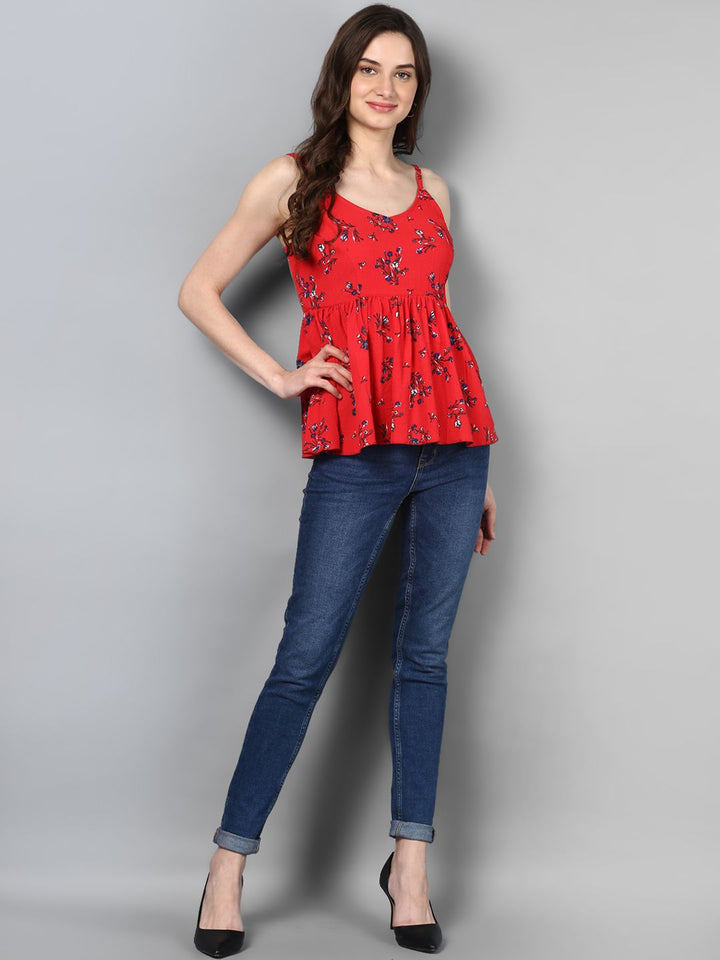 STREET 9 Red Floral Cinched Waist Ruffled Top