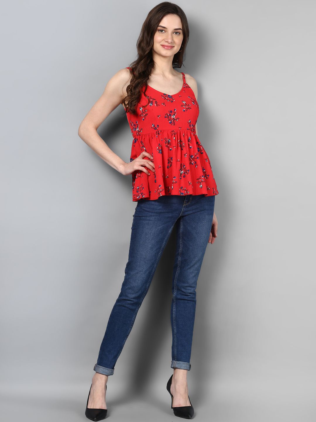STREET 9 Red Floral Cinched Waist Ruffled Top
