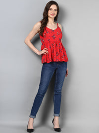STREET 9 Red Floral Cinched Waist Ruffled Top