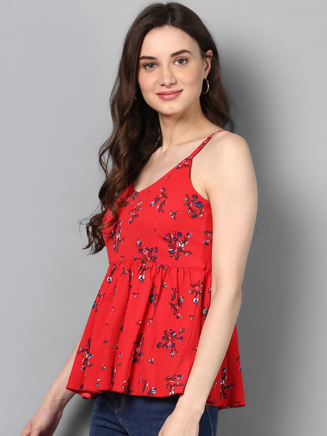 STREET 9 Red Floral Cinched Waist Ruffled Top