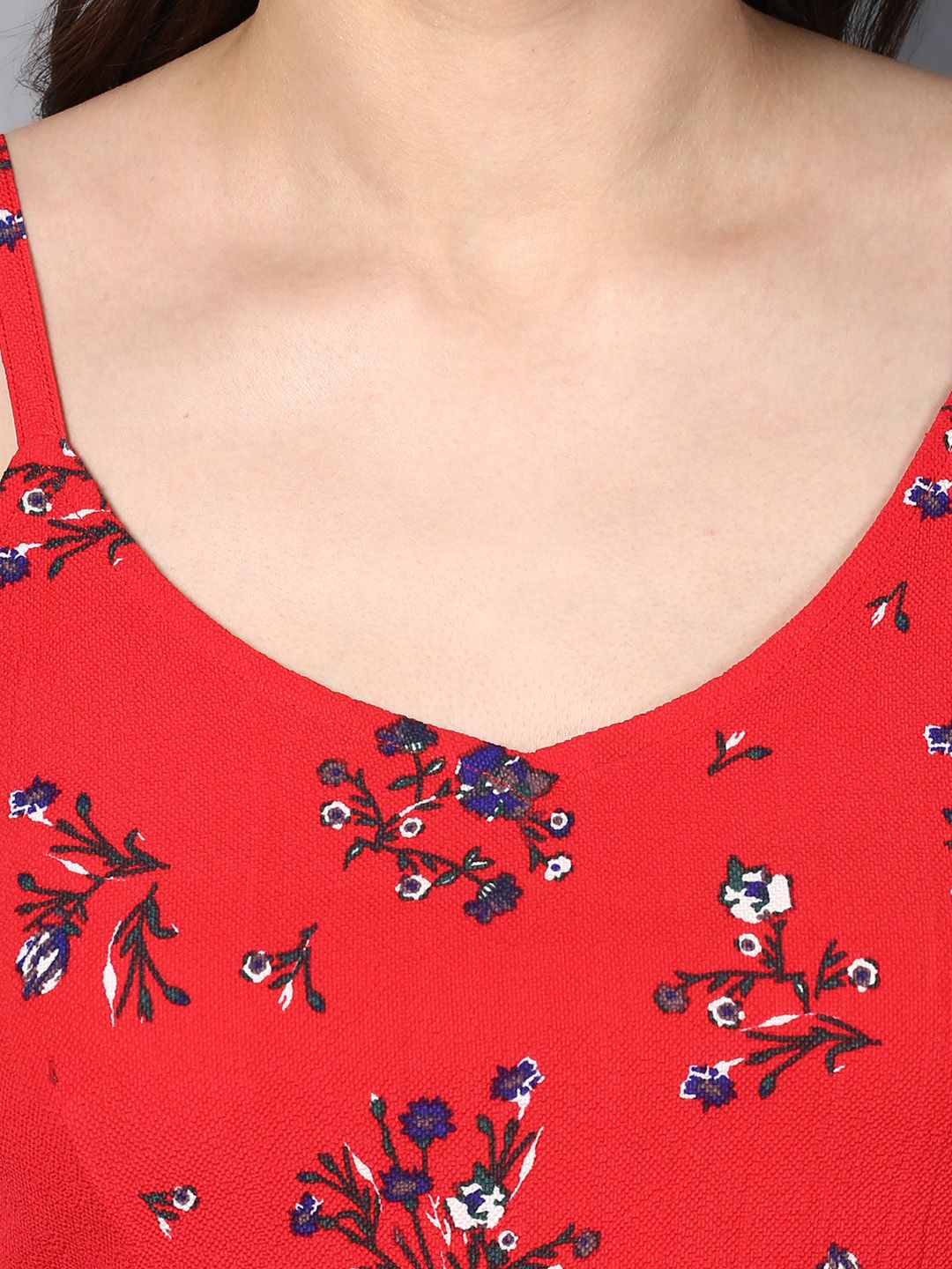 STREET 9 Red Floral Cinched Waist Ruffled Top