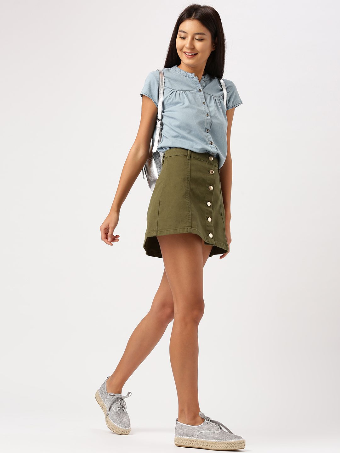 DressBerry Women Blue Regular Fit Solid Chambray Shirt