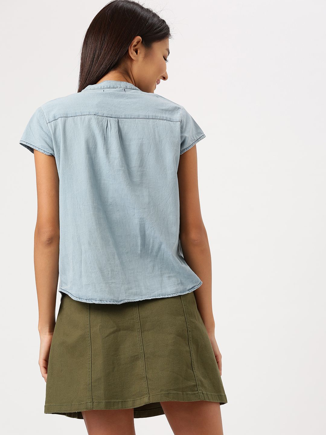 DressBerry Women Blue Regular Fit Solid Chambray Shirt