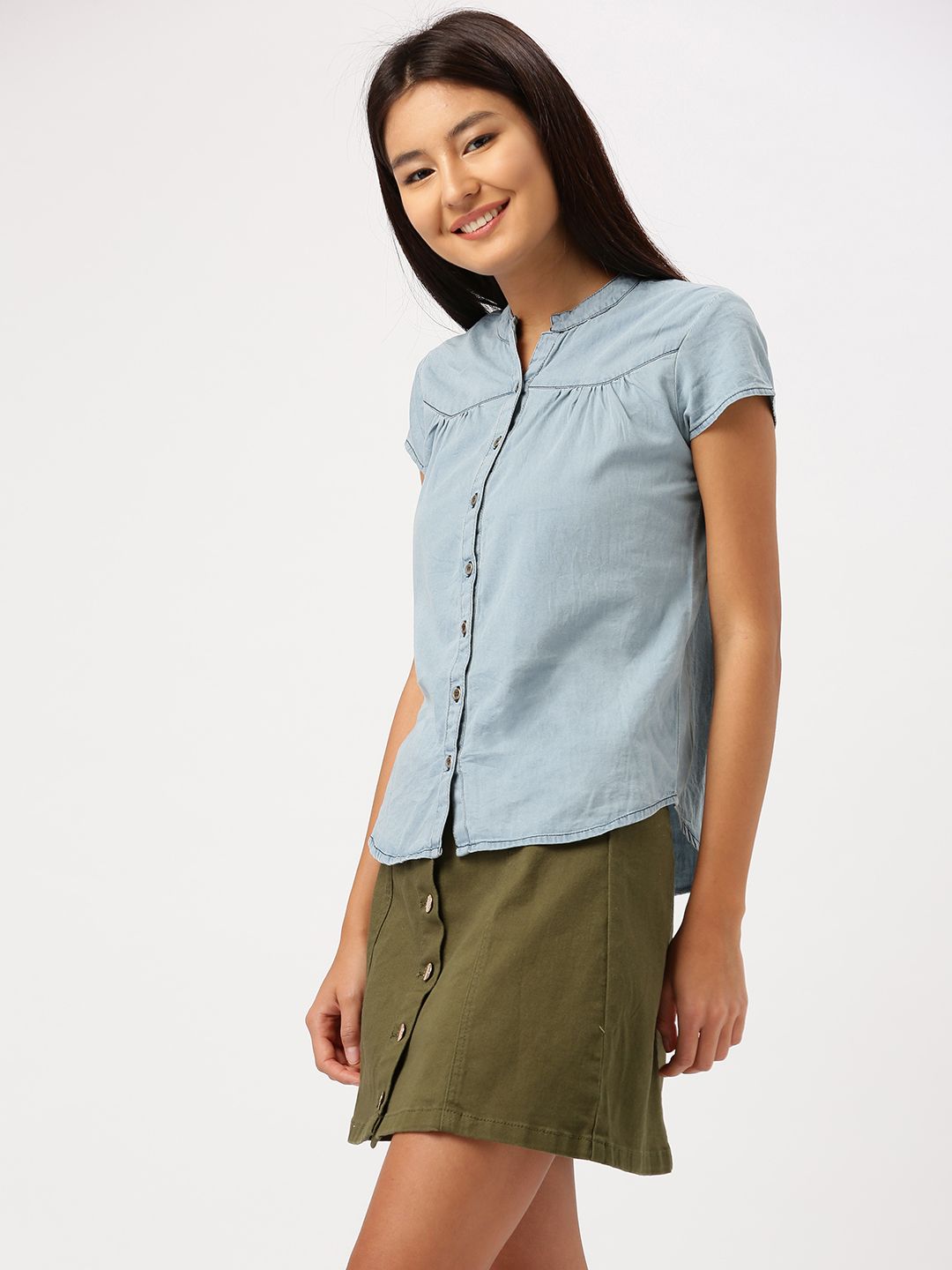 DressBerry Women Blue Regular Fit Solid Chambray Shirt