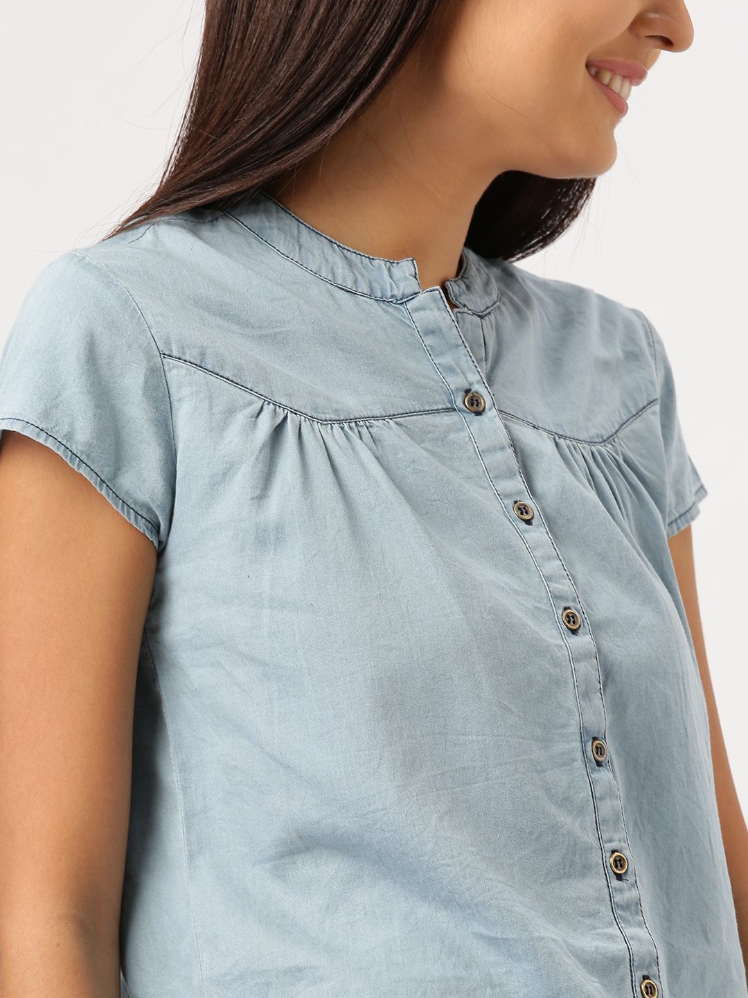 DressBerry Women Blue Regular Fit Solid Chambray Shirt