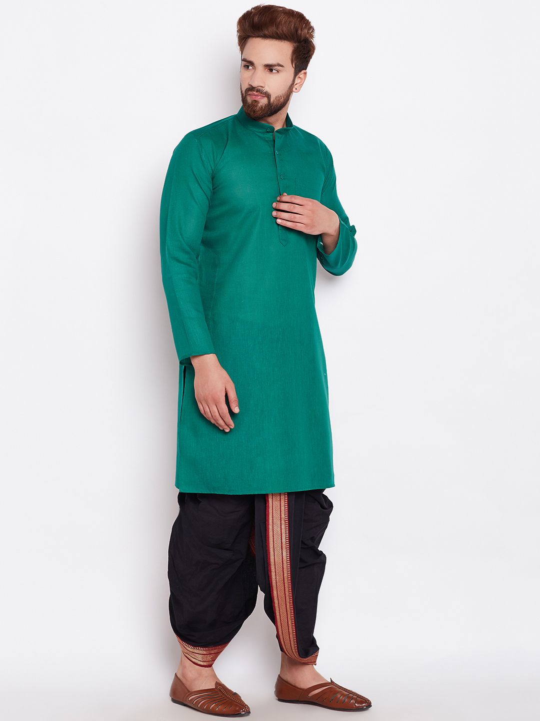 SOJANYA Men Green Solid Straight Kurta