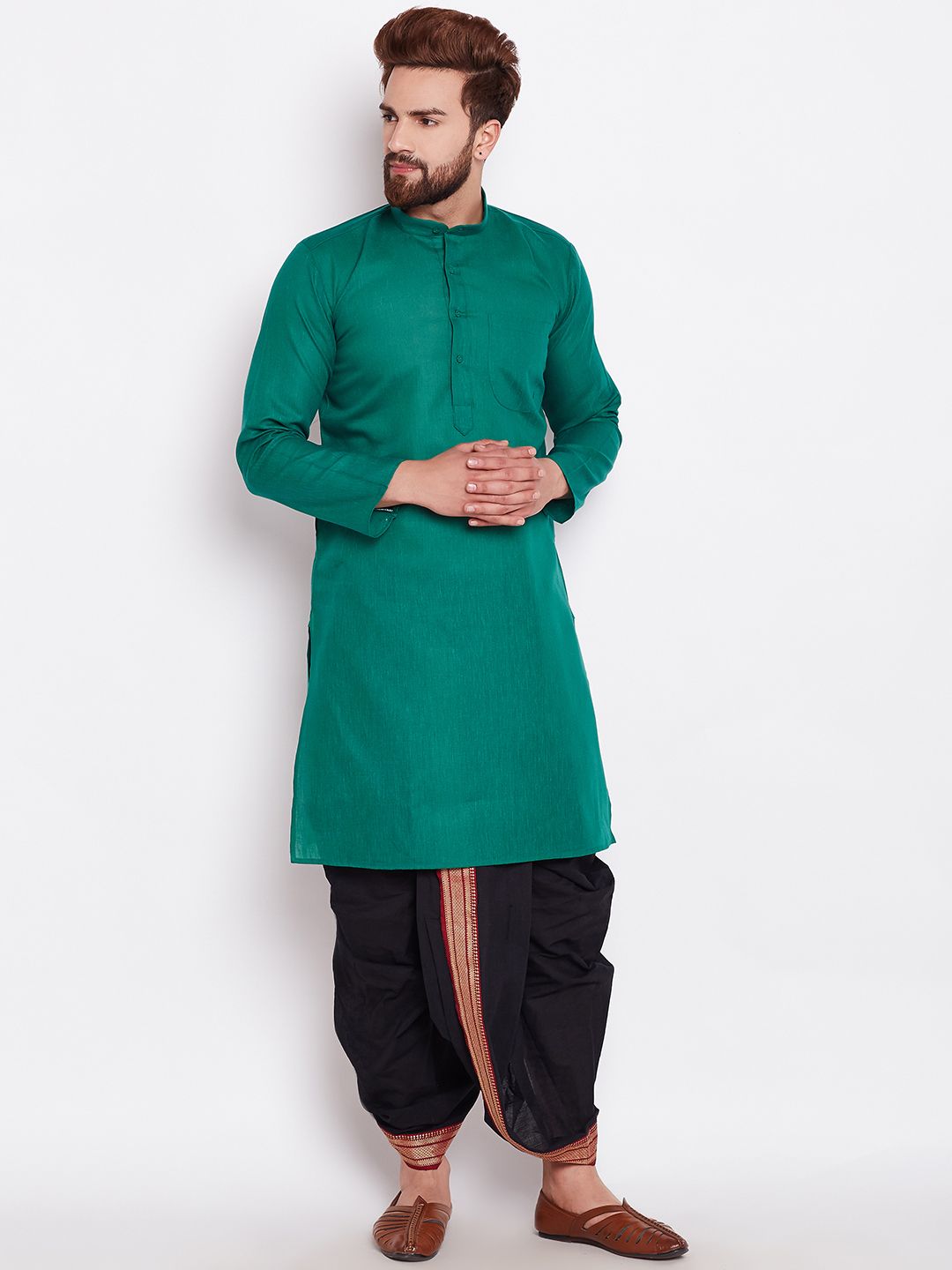SOJANYA Men Green Solid Straight Kurta