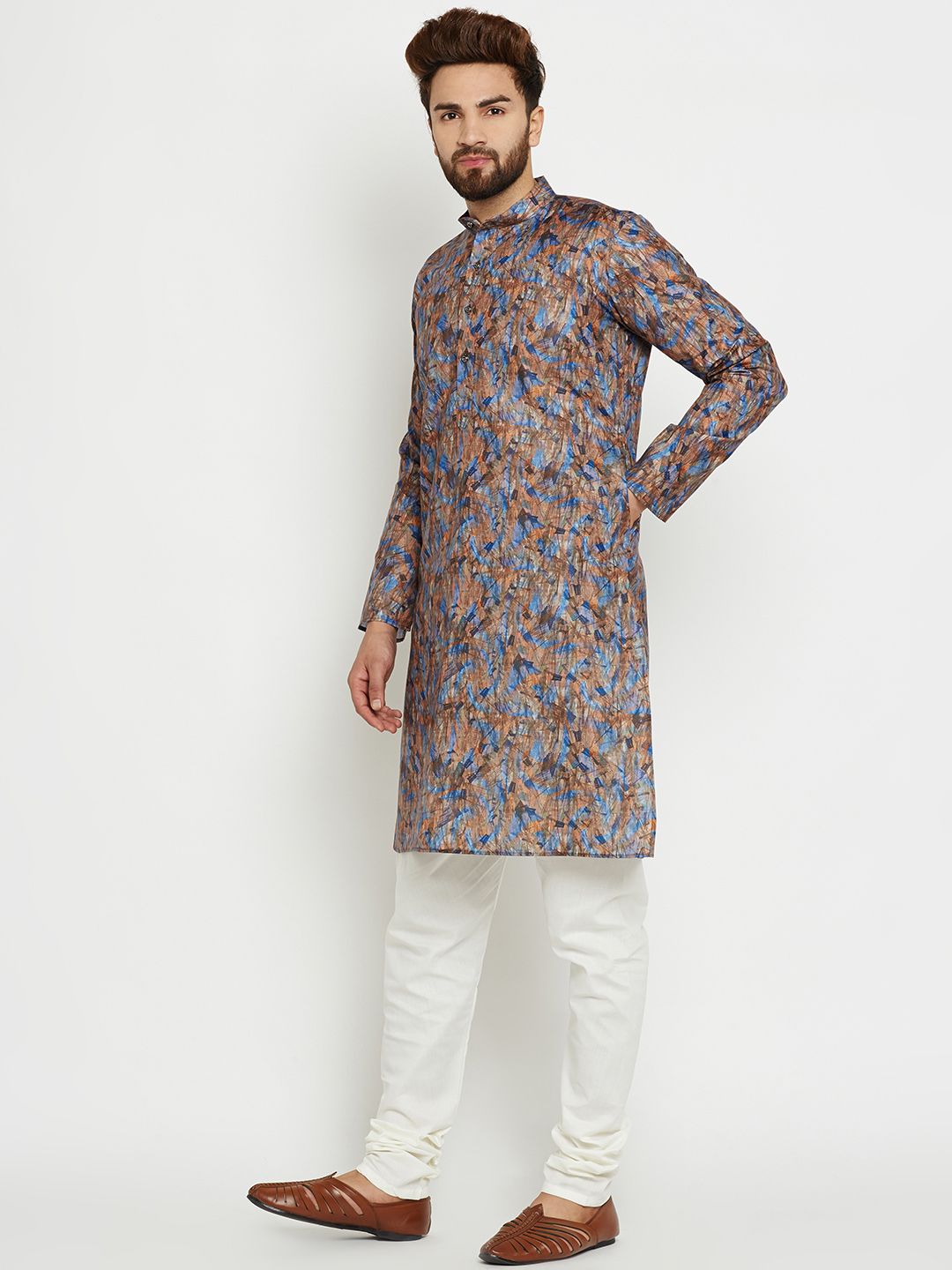 SOJANYA Kurta Lurus Cetakan Biru & Coklat Lelaki