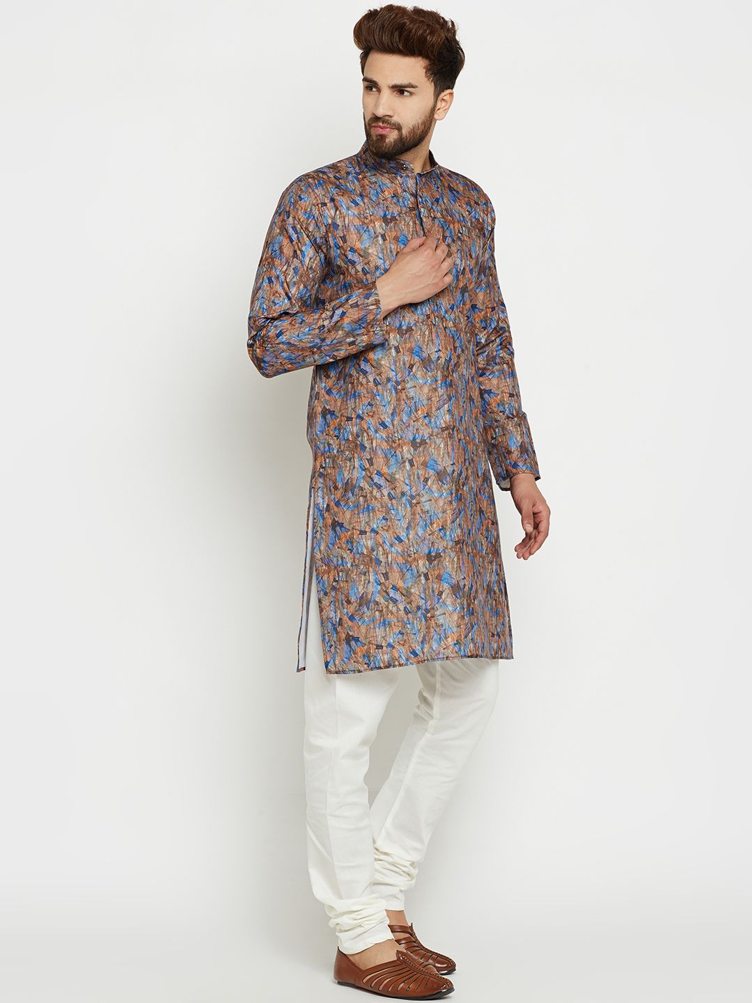SOJANYA Kurta Lurus Cetakan Biru & Coklat Lelaki