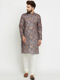 SOJANYA Men Blue & Brown Printed Straight Kurta