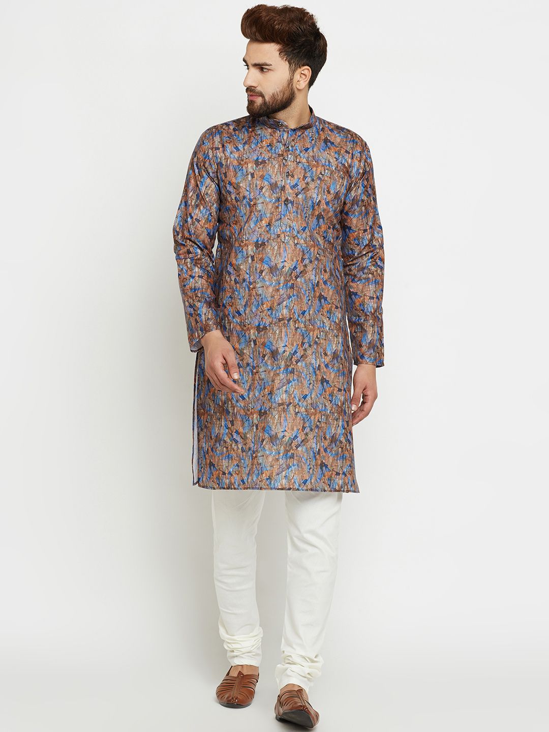 SOJANYA Kurta Lurus Cetakan Biru & Coklat Lelaki