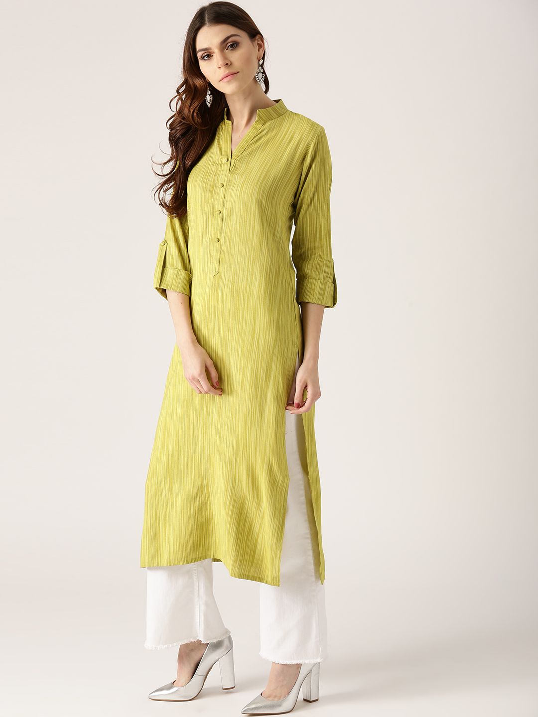 Libas Women Green Striped Straight Kurta