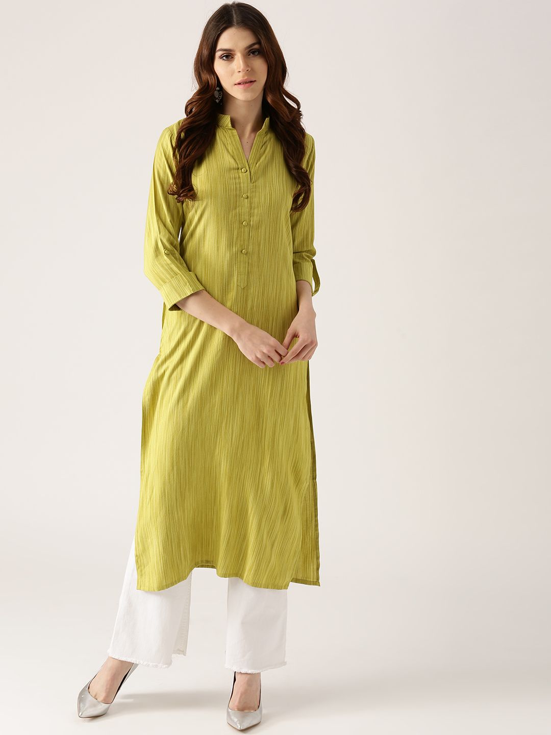 Libas Women Green Striped Straight Kurta