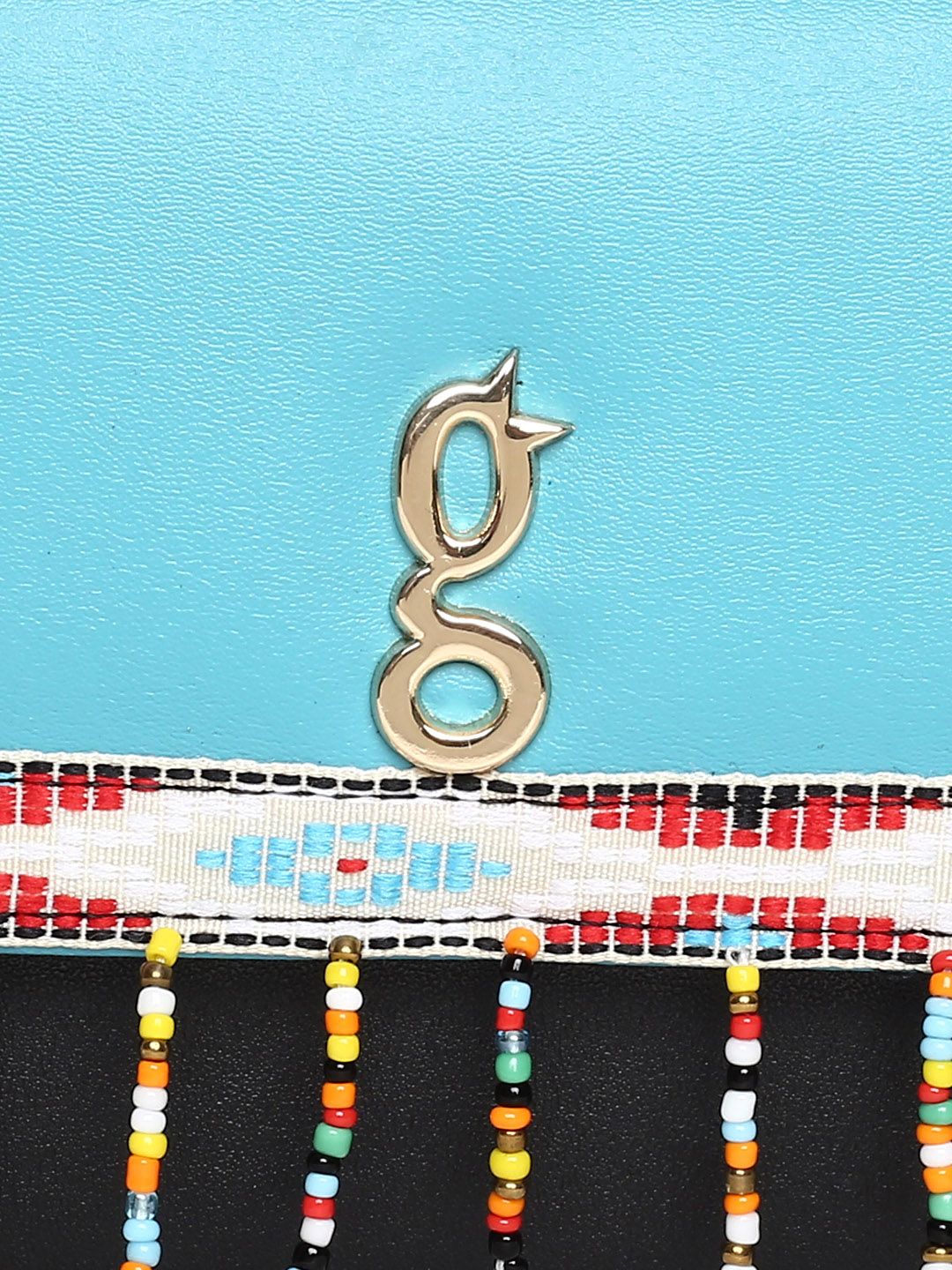 Global Desi Blue & Black Colourblocked Tasselled Envelope Clutch