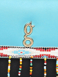 Global Desi Blue & Black Colourblocked Tasselled Envelope Clutch