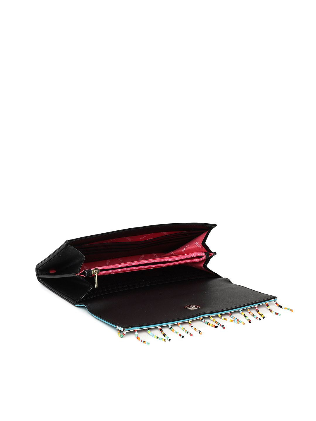 Global Desi Blue & Black Colourblocked Tasselled Envelope Clutch
