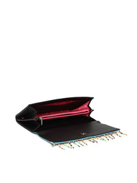 Global Desi Blue & Black Colourblocked Tasselled Envelope Clutch