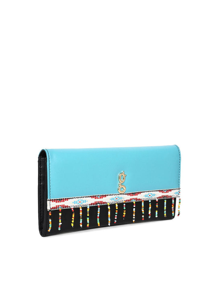 Global Desi Blue & Black Colourblocked Tasselled Envelope Clutch