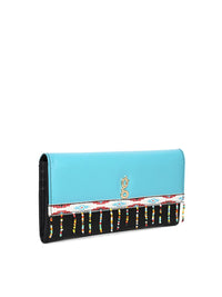 Global Desi Blue & Black Colourblocked Tasselled Envelope Clutch