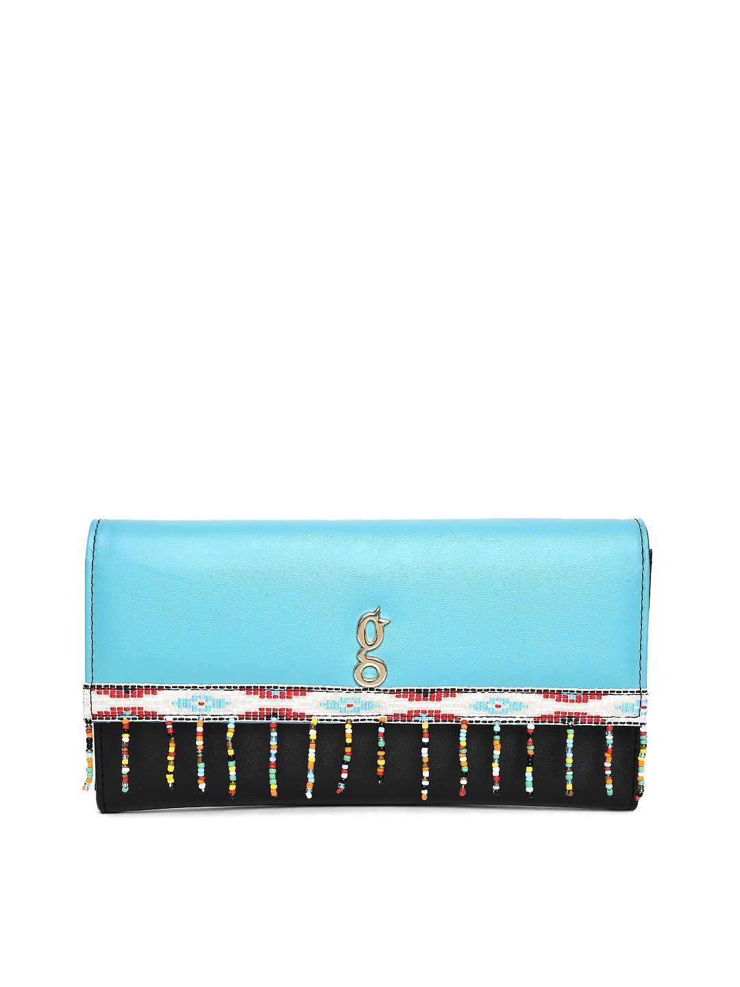 Global Desi Blue & Black Colourblocked Tasselled Envelope Clutch