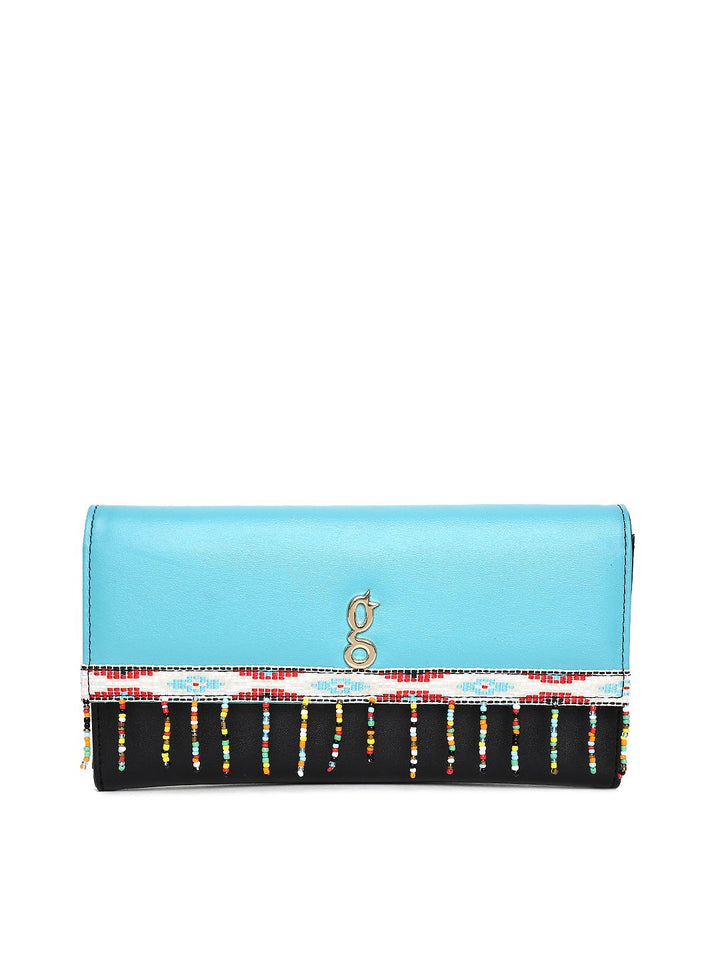Global Desi Blue & Black Colourblocked Tasselled Envelope Clutch