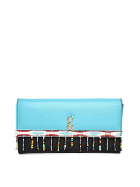 Global Desi Blue & Black Colourblocked Tasselled Envelope Clutch