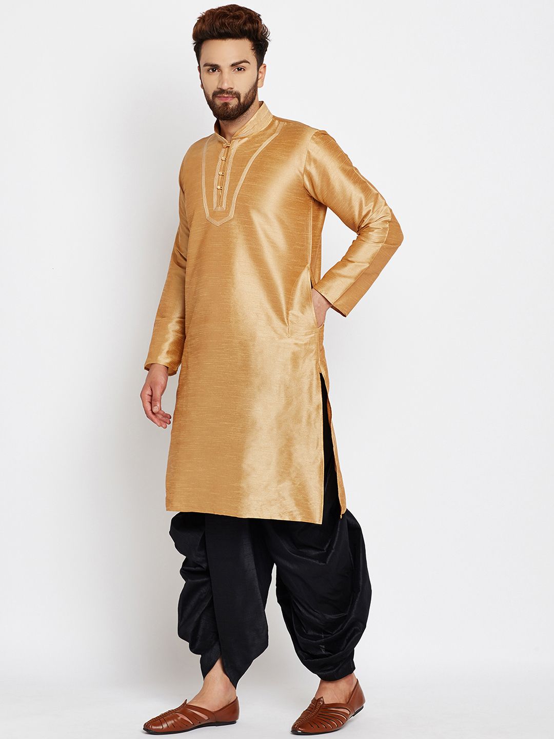 SOJANYA Men Gold-Toned Solid A-Line Kurta