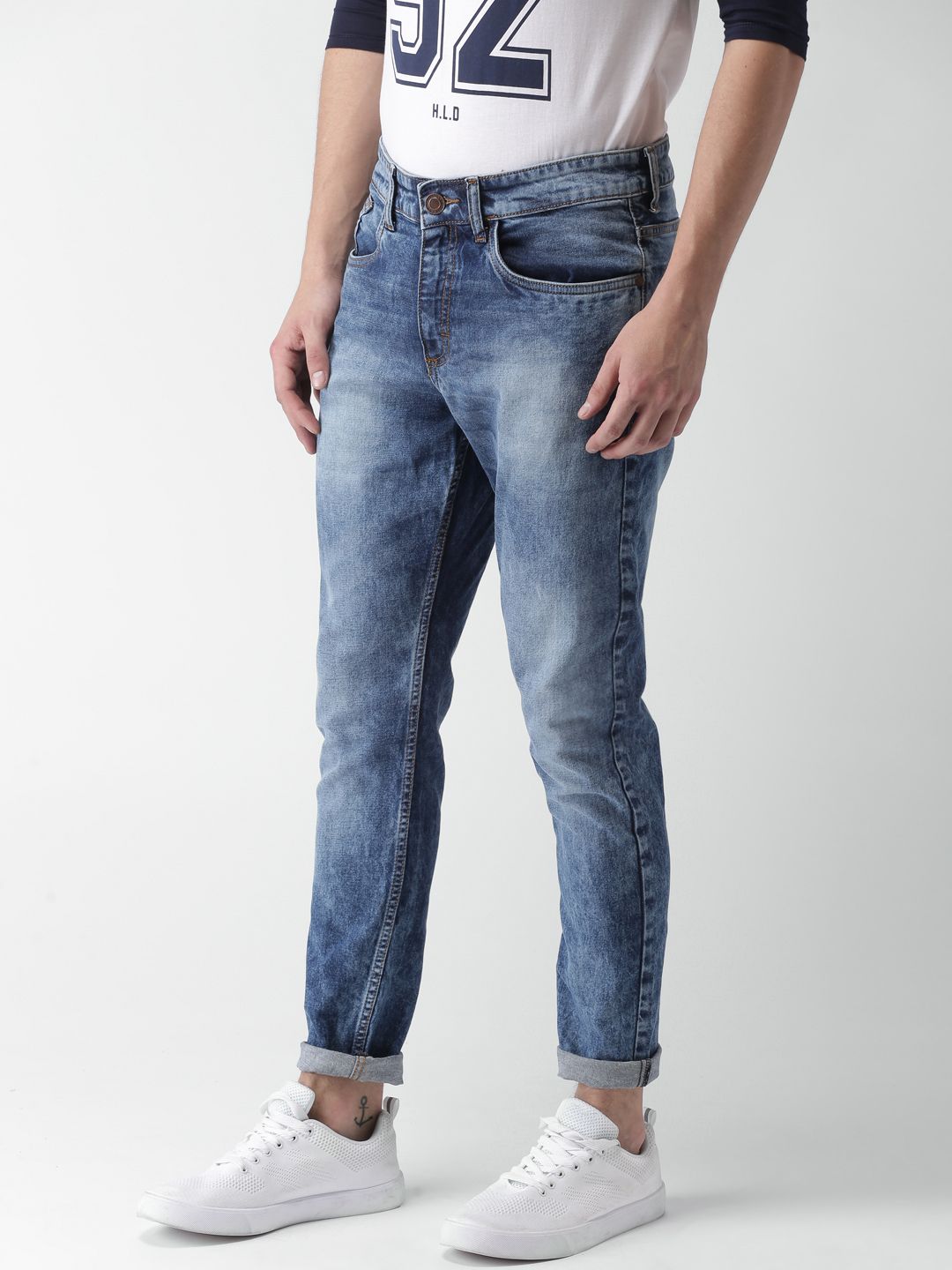 HIGHLANDER Men Blue Tapered Fit Mid-Rise Clean Look Stretchable Cropped Jeans