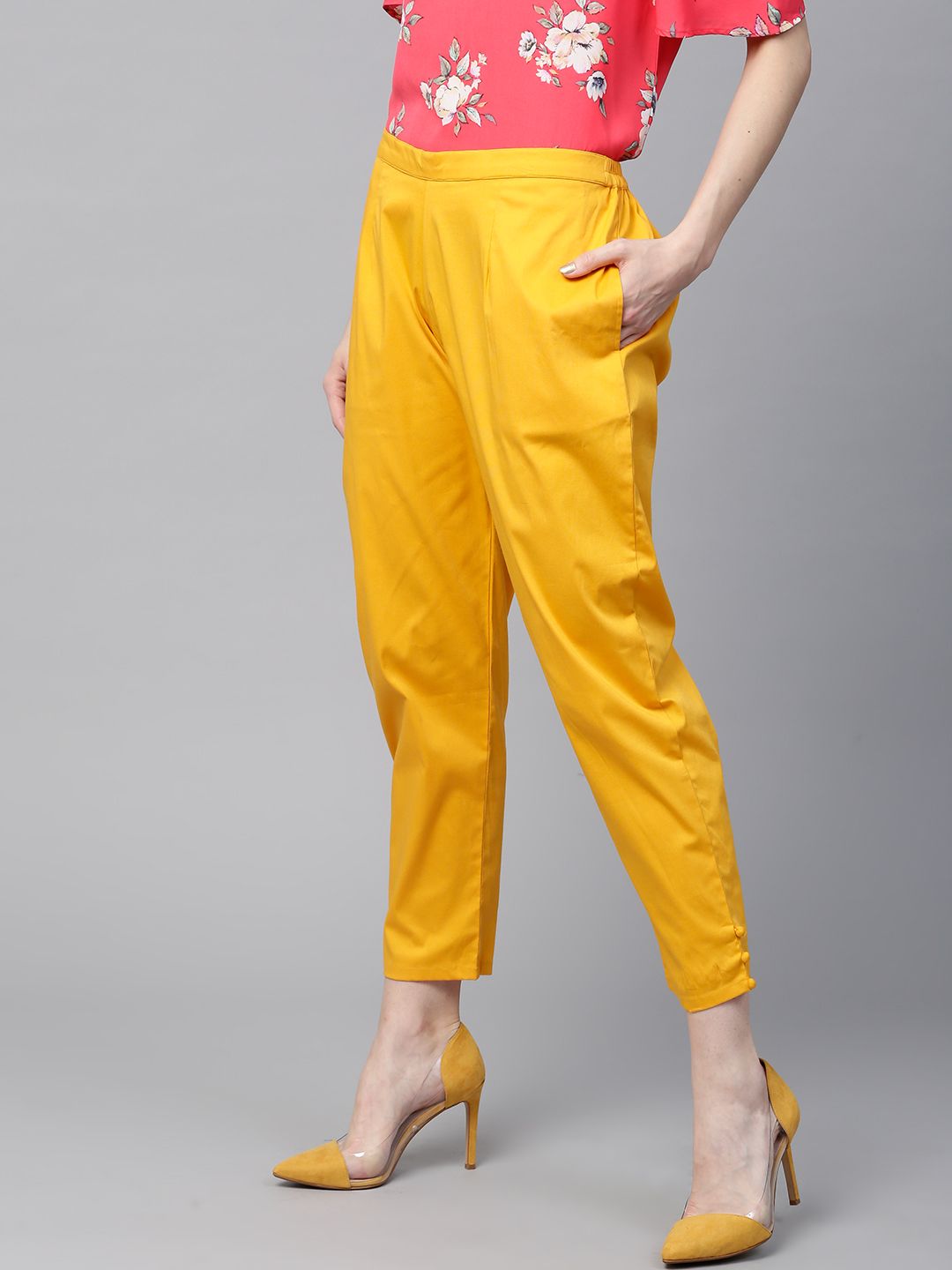 Gerua By Libas Women Mustard Yellow Regular Fit Solid Cropped Trousers