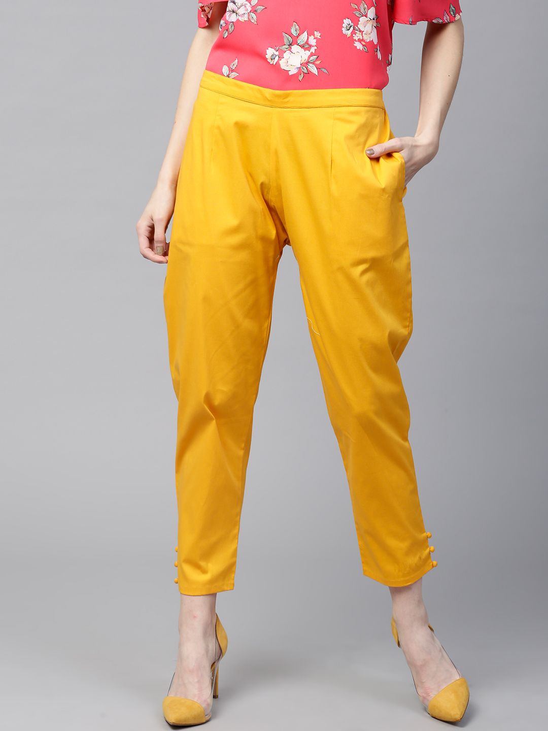Gerua By Libas Women Mustard Yellow Regular Fit Solid Cropped Trousers