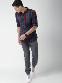 HIGHLANDER Men Navy Blue & Maroon Slim Fit Checked Casual Shirt