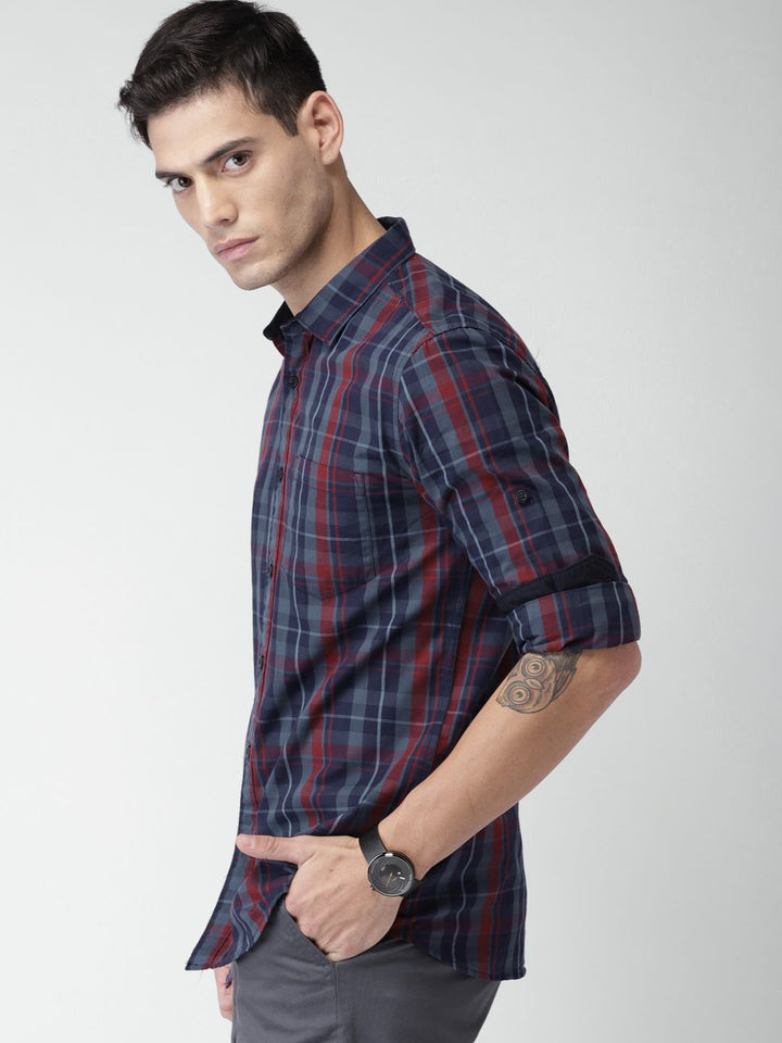 HIGHLANDER Men Navy Blue & Maroon Slim Fit Checked Casual Shirt