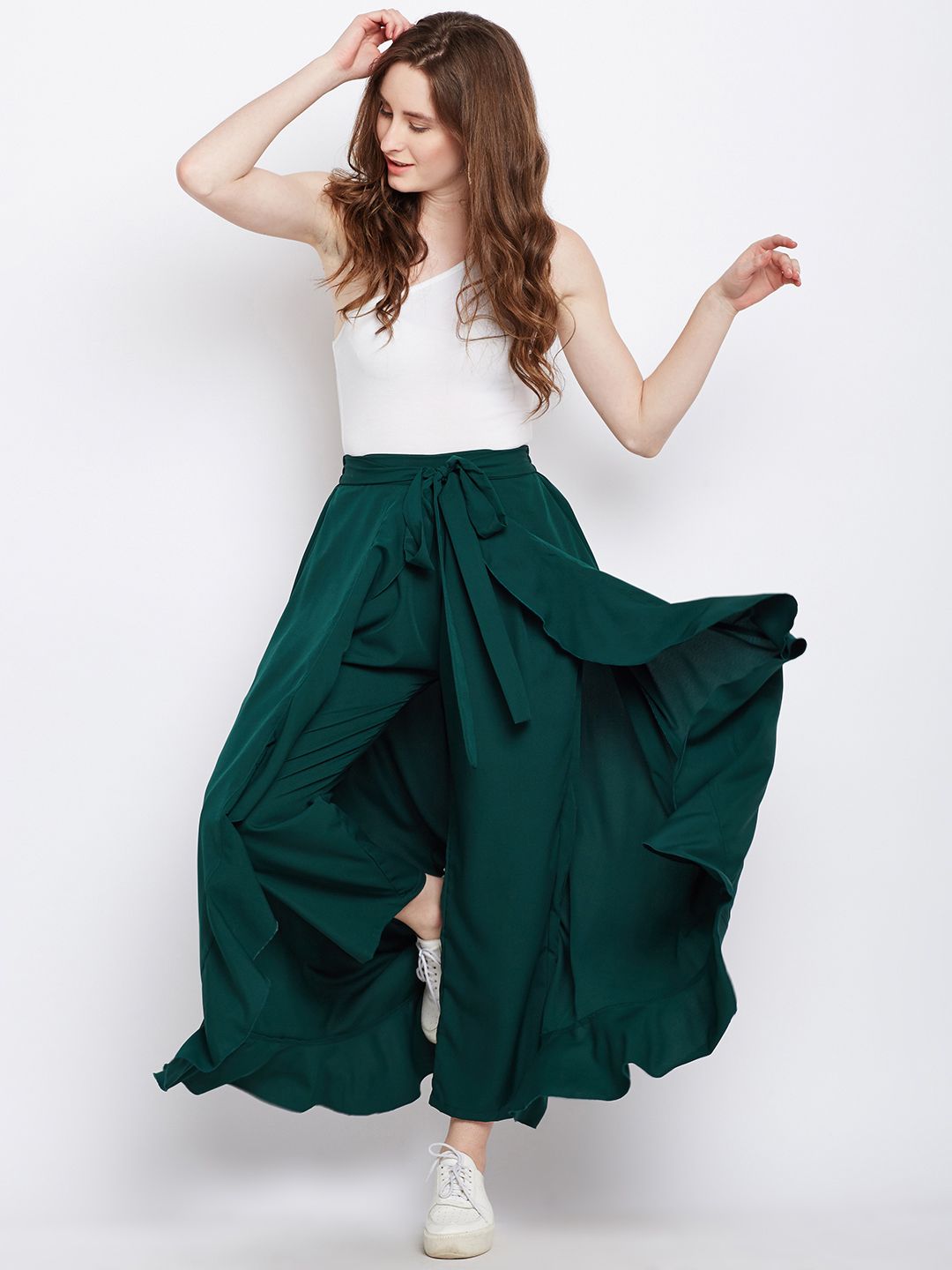 Berrylush Green Ruffled Flared Maxi Skirt with Attached Trousers