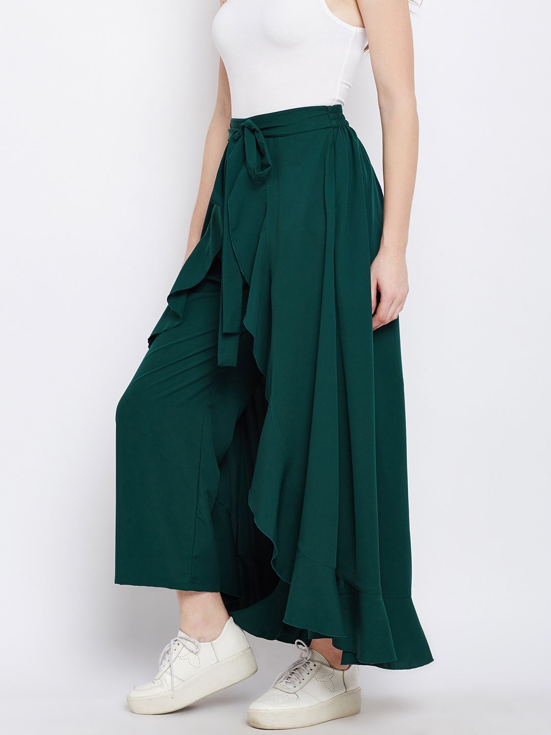 Berrylush Green Ruffled Flared Maxi Skirt with Attached Trousers