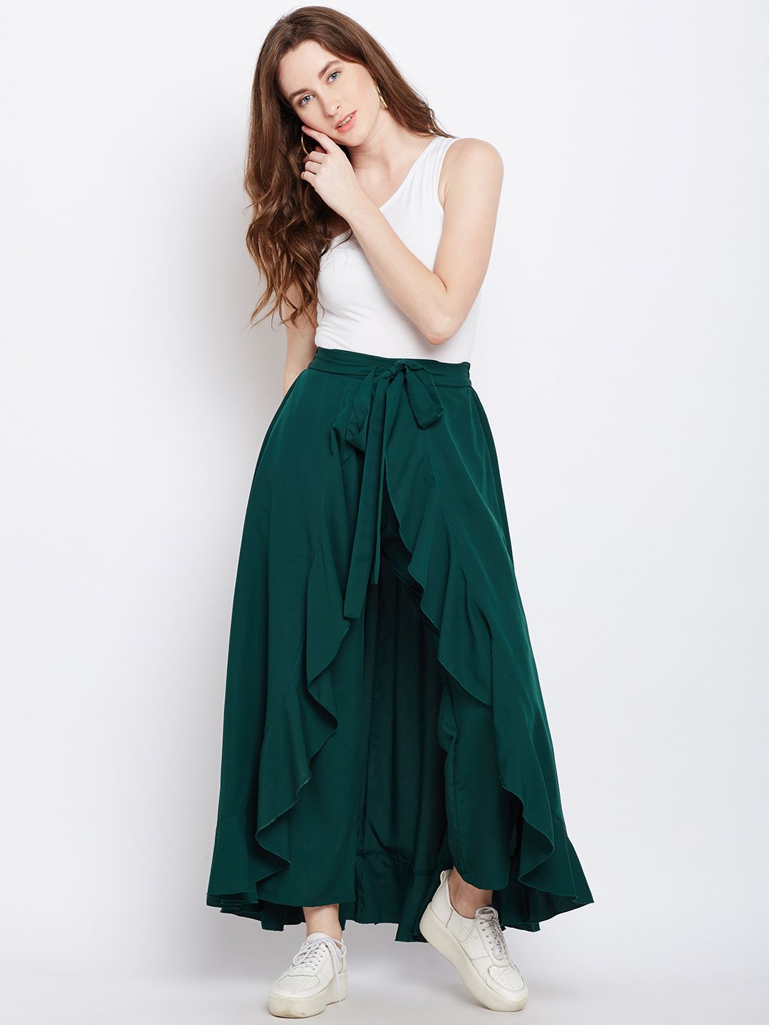 Berrylush Green Ruffled Flared Maxi Skirt with Attached Trousers