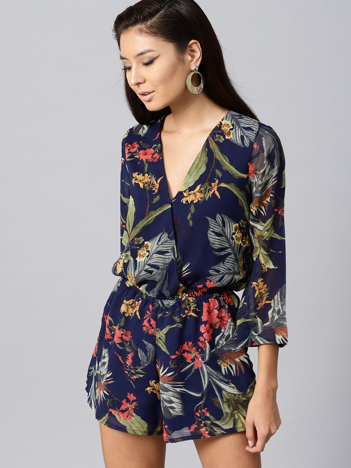 SASSAFRAS Navy Blue & Green Floral Print Playsuit