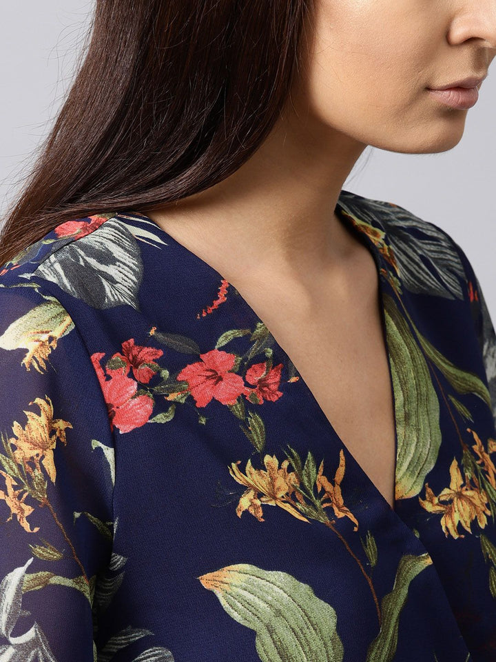 SASSAFRAS Navy Blue & Green Floral Print Playsuit