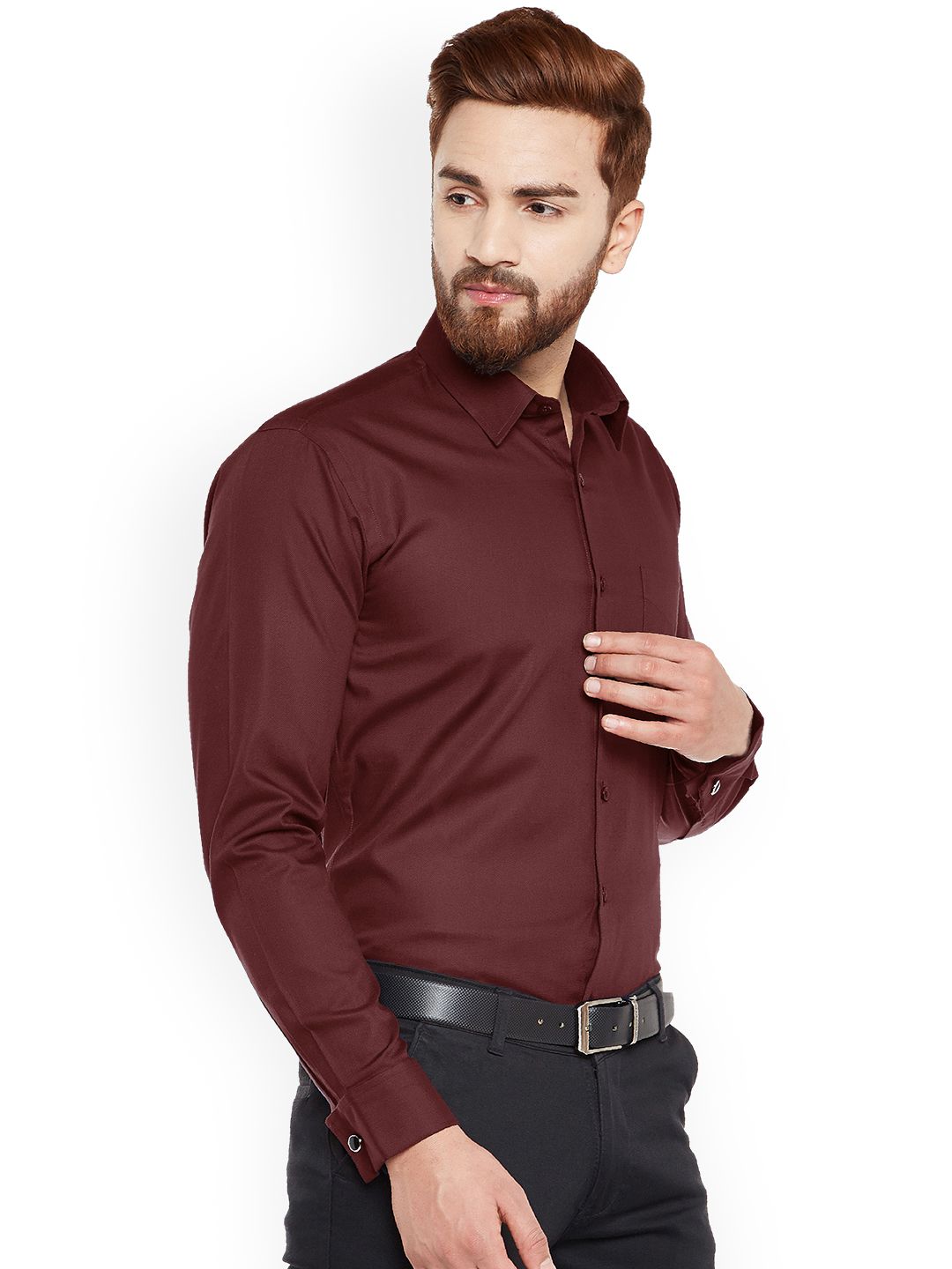 Hancock Men Maroon Solid French Cuff Slim Fit Pure Cotton Formal Shirt