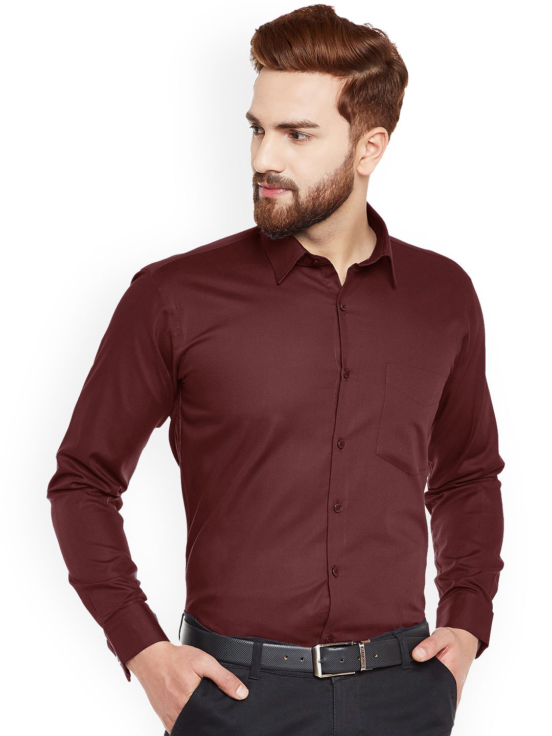 Hancock Men Maroon Solid French Cuff Slim Fit Pure Cotton Formal Shirt