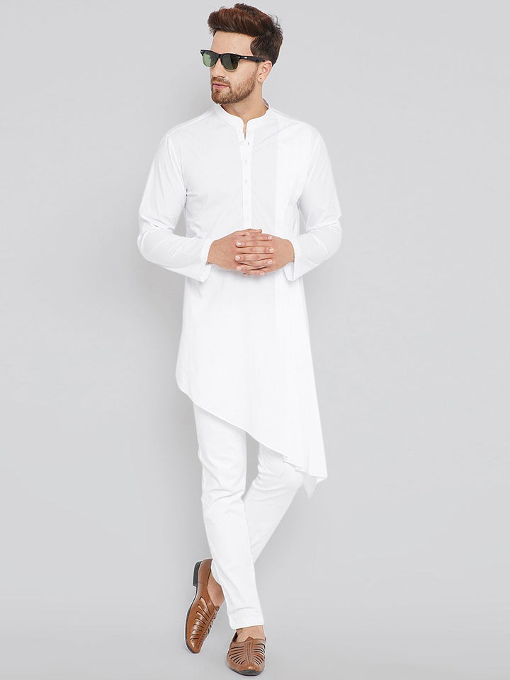 See Designs Men White Solid Asymmetric Hemline A-Line Kurta