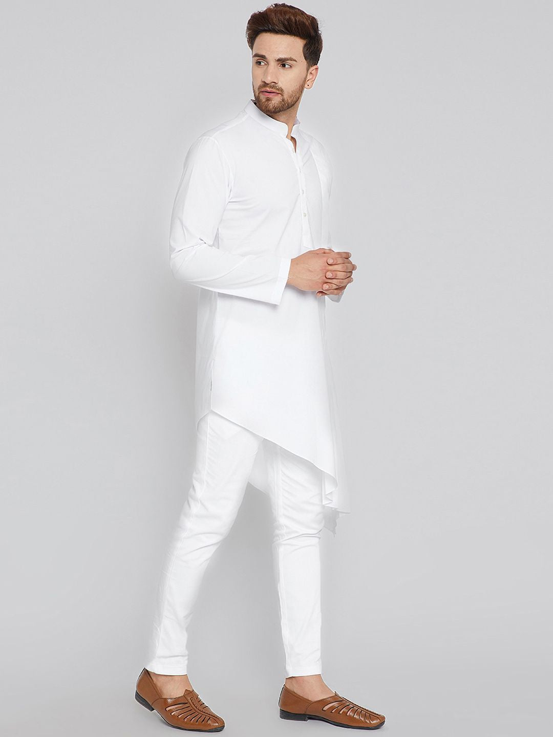 See Designs Men White Solid Asymmetric Hemline A-Line Kurta